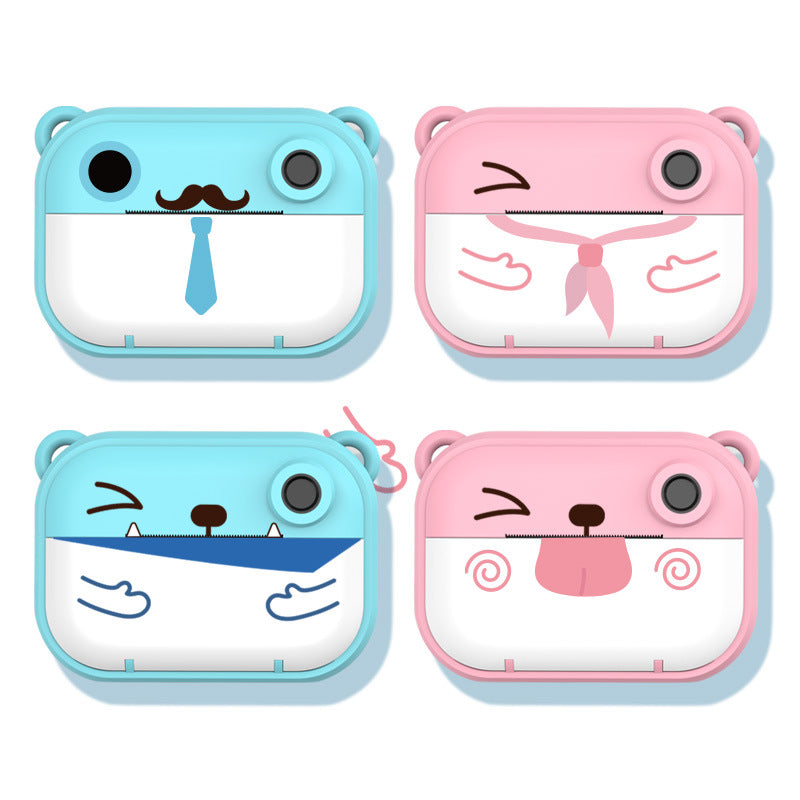 Cartoon instant-print children's camera — in use