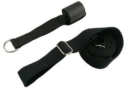 Textured yoga foam roller strap for stretching and muscle recovery.