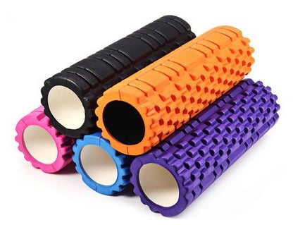 Textured yoga foam roller in various colors: black, orange, pink, blue, and purple, ideal for muscle recovery and tension relief.