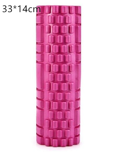 Yoga Foam Roller in pink color with textured surface and dimensions 33*14cm for muscle relaxation.