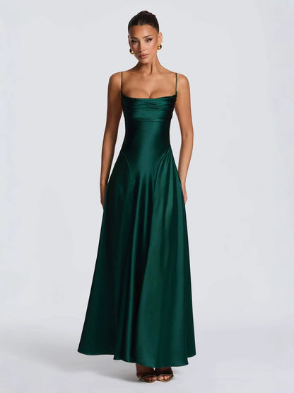 Ruffled Satin Slip Dress with Square Neckline