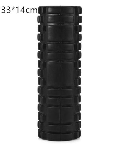 Yoga Foam Roller in black with textured surface, dimensions 33*14cm, ideal for muscle relief and workout enhancement.