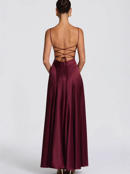 Ruffled Satin Slip Dress with Square Neckline
