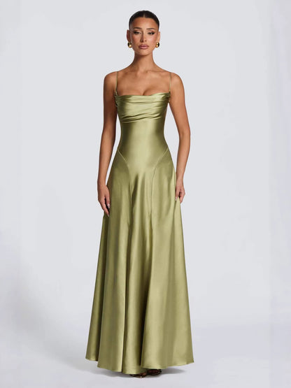 Ruffled Satin Slip Dress with Square Neckline