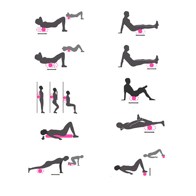 Various exercises using a textured yoga foam roller for muscle release and recovery.