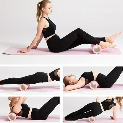 Yoga Foam Roller techniques demonstrated by a woman on a yoga mat, showcasing muscle recovery and stretching.
