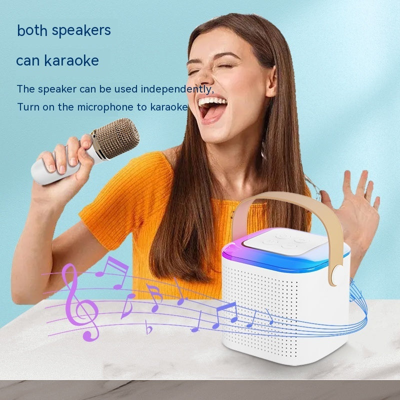 Karaoke machine with wireless mics and RGB light — shown from a different angle