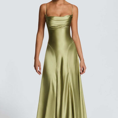 Ruffled Satin Slip Dress with Square Neckline